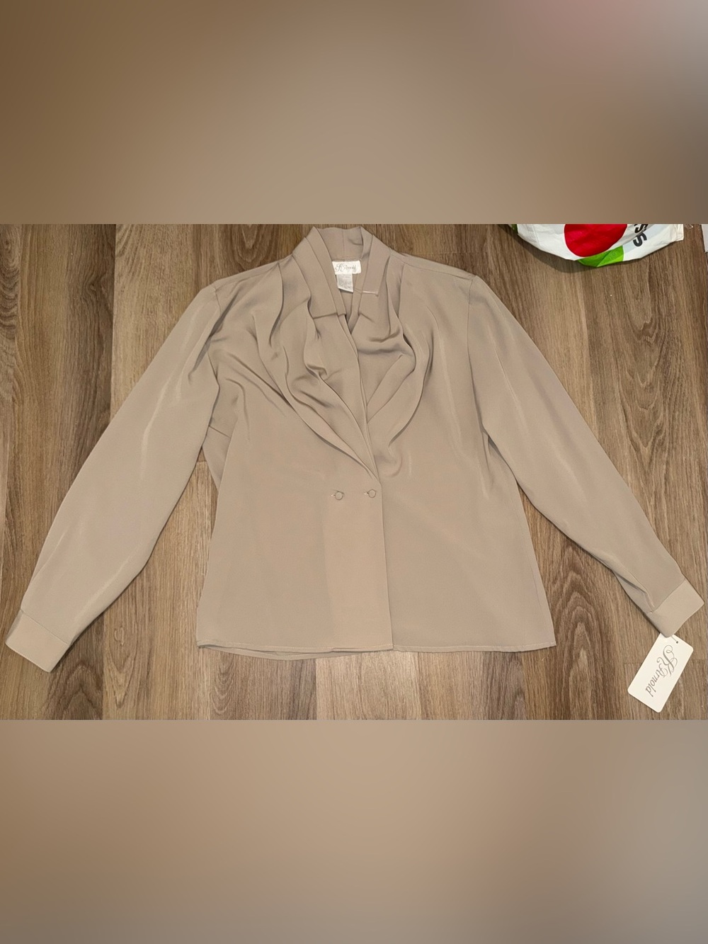 Vintage K Arnold Blouse Womens 10 Taupe Drape Neck Long Sleeve Career Top NWT